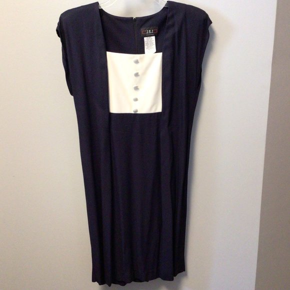 J.S.J. Petites Navy Blue sleeveless dress w/matching jacket w/white trim - Picture 4 of 11